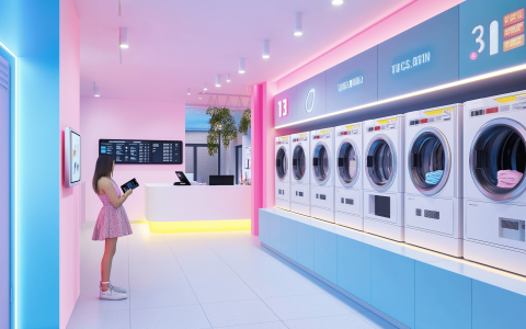 doragon2445 A modern laundromat with digital screens showcasing 2c6ca914 27d7 4a48 b3a3 386f351b8f9e min
