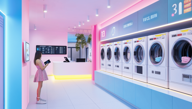 doragon2445 A modern laundromat with digital screens showcasing 2c6ca914 27d7 4a48 b3a3 386f351b8f9e min
