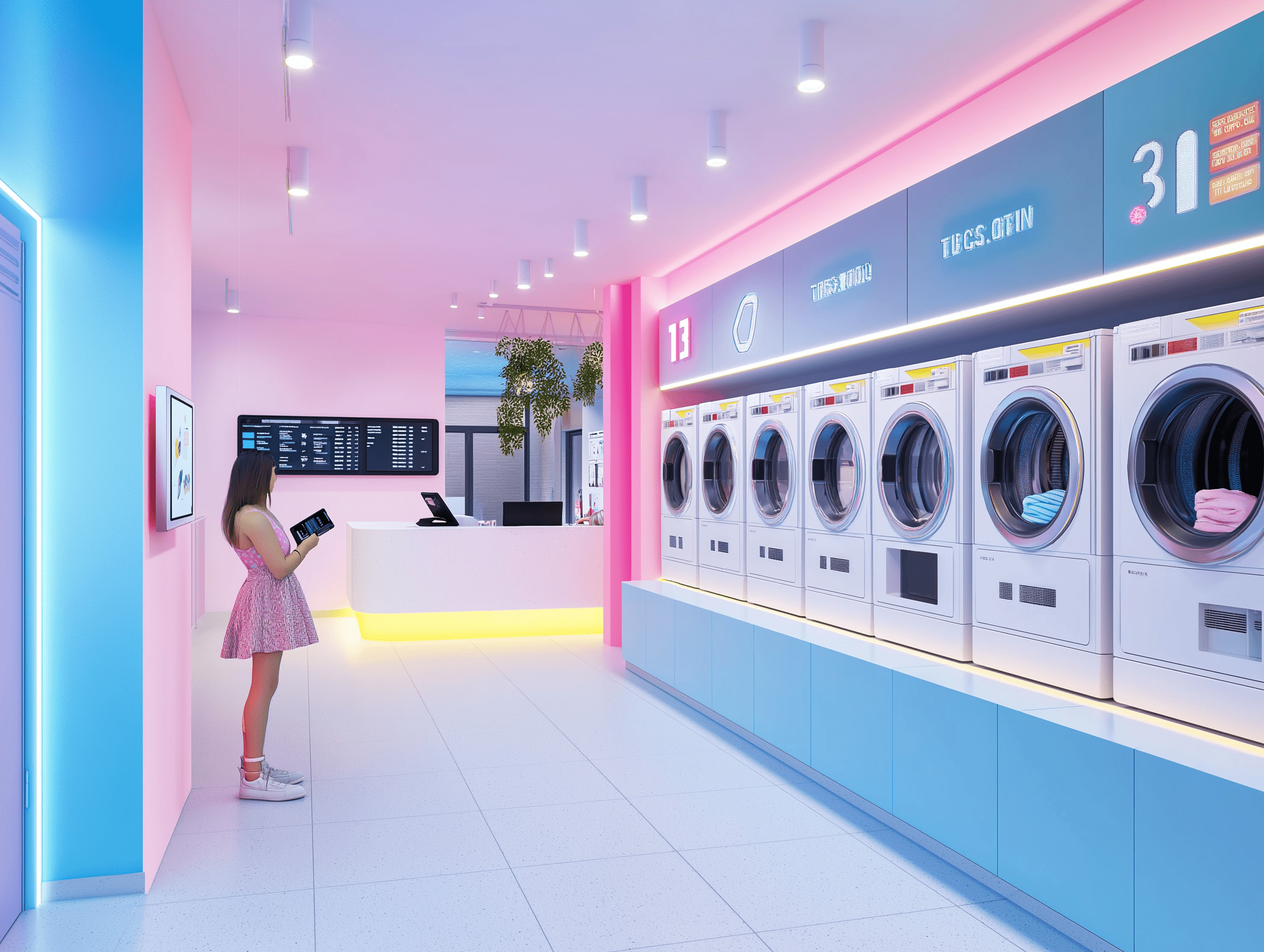 doragon2445 A modern laundromat with digital screens showcasing 2c6ca914 27d7 4a48 b3a3 386f351b8f9e min